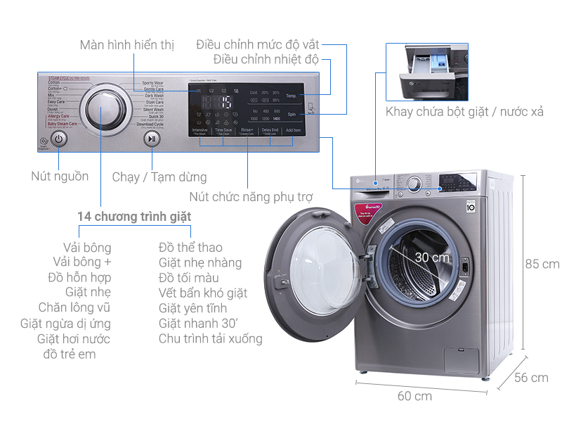 Thông số kỹ thuật Máy giặt LG Inverter 8 kg FC1408S3E