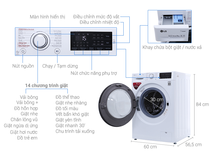 Có đến 14 chương trình giặt đa dạng với máy giặt LG FC1408S4W2