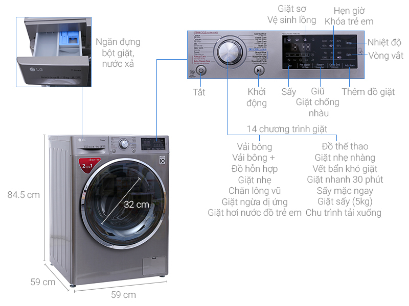 Thông số kỹ thuật Máy giặt sấy LG Inverter 9kg FC1409D4E