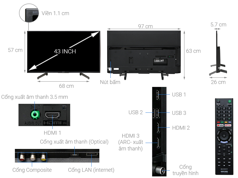 Thông số kỹ thuật Smart Tivi Sony 4K 43 inch KD-43X7000G