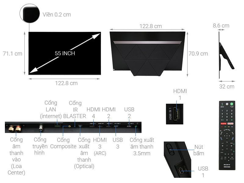 Thông số kỹ thuật Android Tivi OLED Sony 4K 55 inch KD-55A9F