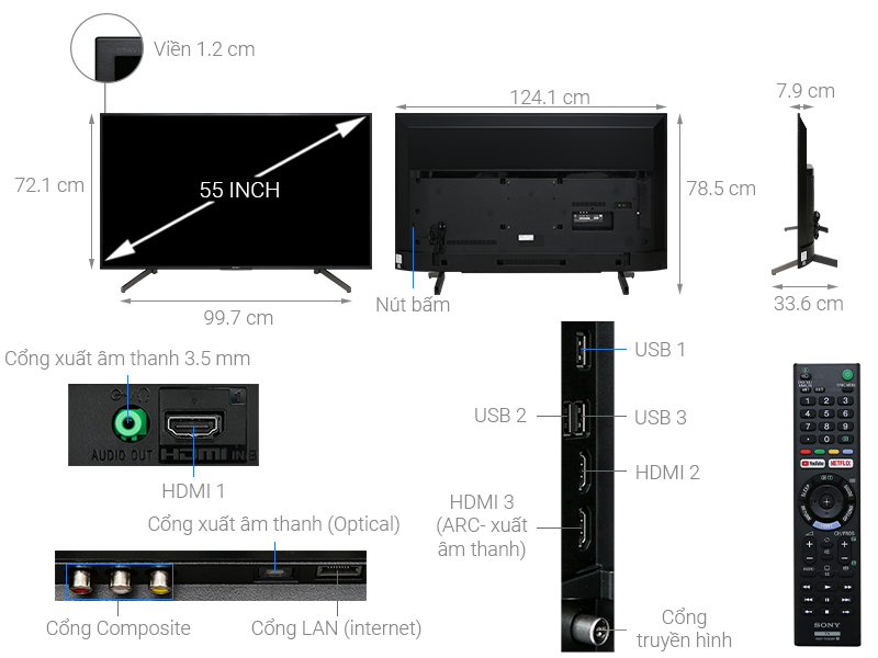 Thông số kỹ thuật Smart Tivi Sony 4K 55 inch KD-55X7000G