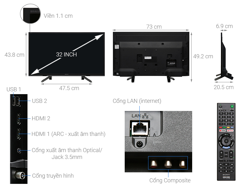 Thông số kỹ thuật Smart Tivi Sony 32 inch KDL-32W610G