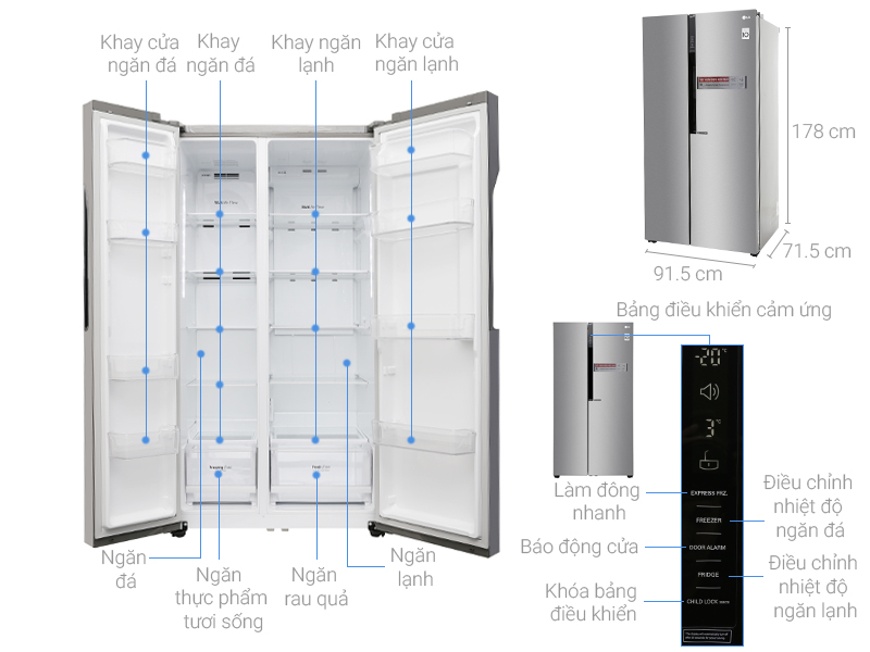 Thông số kỹ thuật Tủ lạnh LG Inverter 613 lít GR-B247JDS
